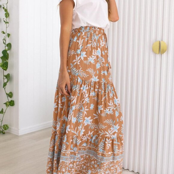 Women's 2025 Summer Bohemian Floral Printed Elastic Waist A Line Maxi Skirt with - Picture 4 of 6